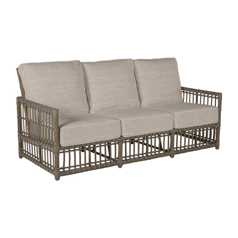 Newport 79" Wide Outdoor Wicker Patio Sofa with Cushions, Linen Navy, No Welt, Newport #66 Burlap