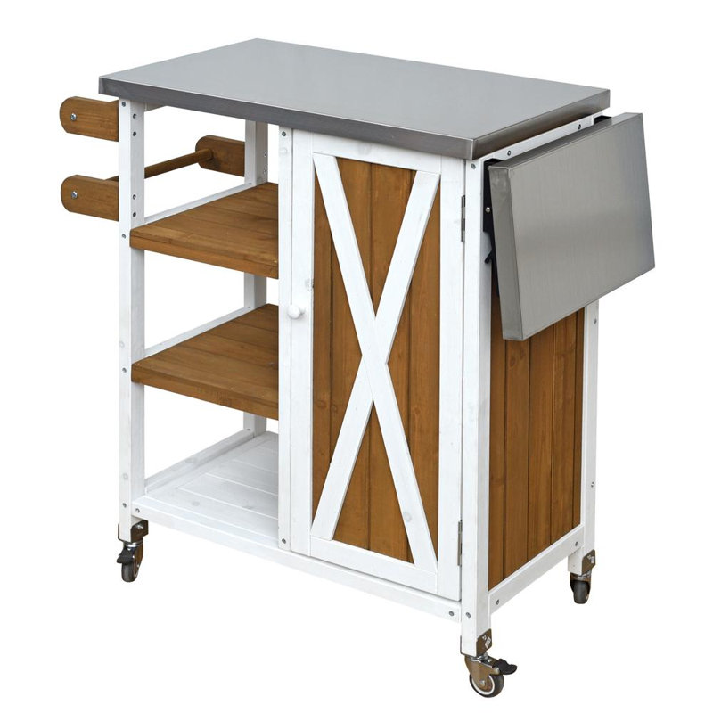 Foldable Outdoor Kitchen Cart with Lockable Wheels, Storage Cabinet and Towel Rack, Brown/White