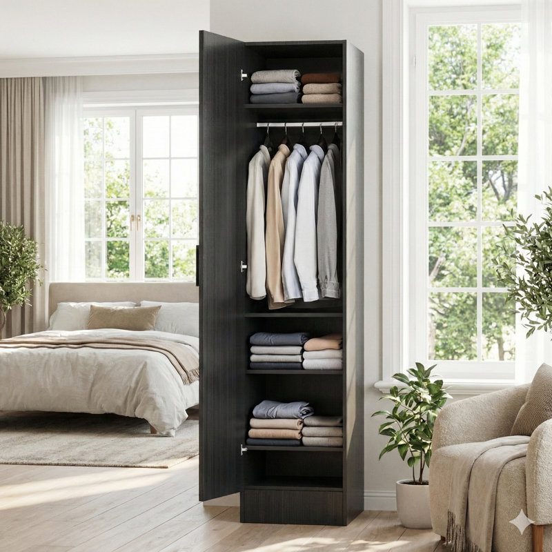 Grande armoire peu encombrante avec tablettes et tringle, Noir