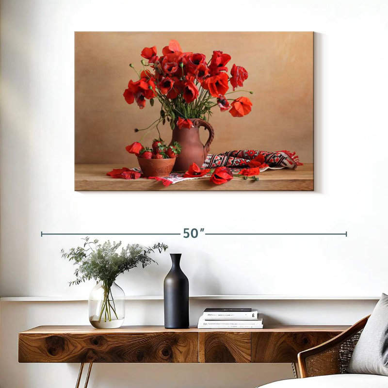 Harnek, coquelicots rouges et fraises, H 26 po x l 39 po