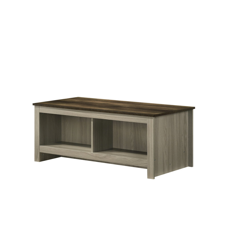 Table basse chic en chêne gris avec tablettes ouvertes de chaque côté et plateau de table en noyer