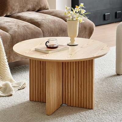 27" Round Coffee Table, Mid Century Modern Coffee Tables with Fluted Base, Wooden Circle Accent Center Table for Living Room Small Space Apartment Office, Oak