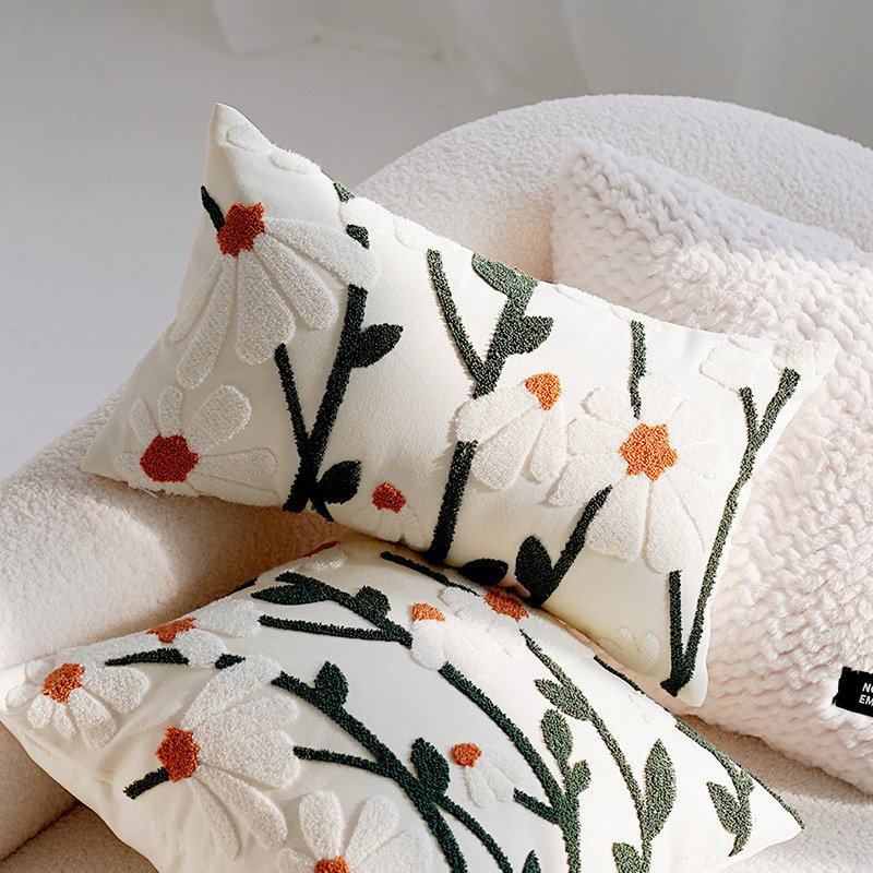 Cushion Cover, White/Green Plants & Flowers, Rectangle 30cmH x 50cmW