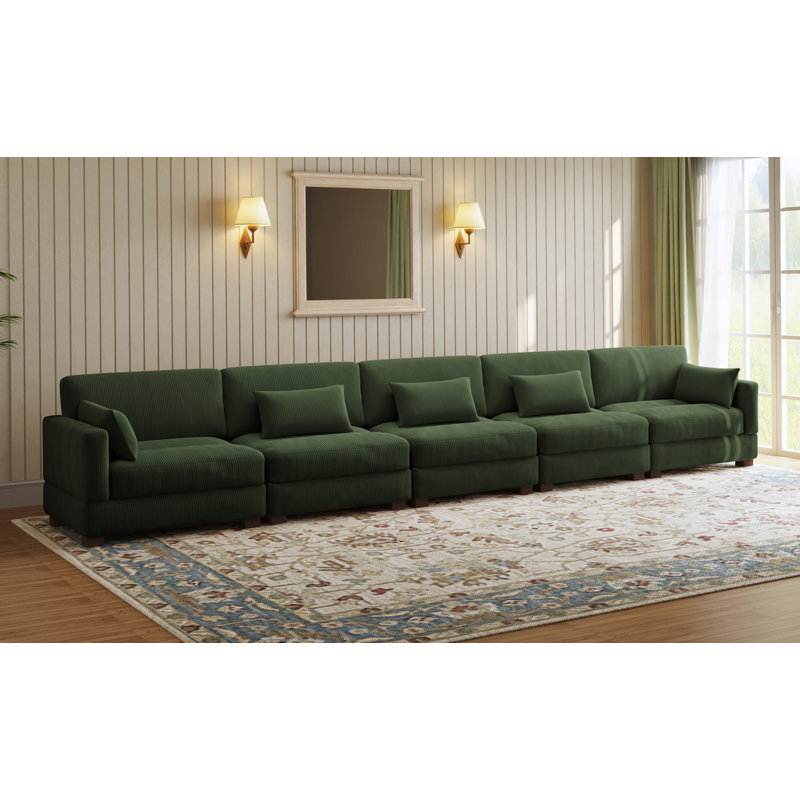 Maelina 5 - Piece Upholstered Green Corduroy Modular Sectional Sofa with Pillow Back and Solid Wood Legs, Green Corduroy