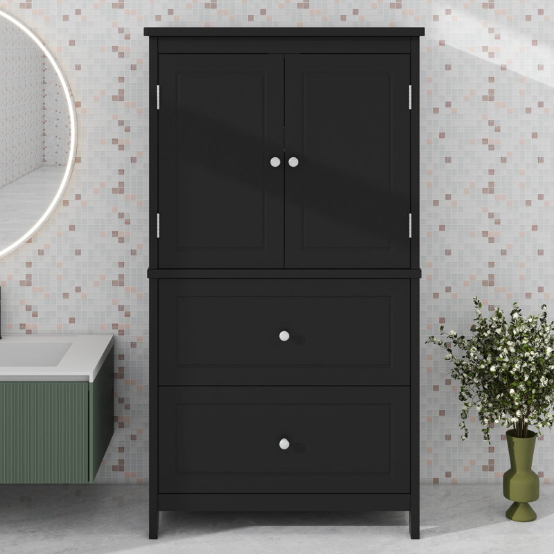 Bathroom Freestanding Floor Storage Cabinet With 2 Drawers, 2 Doors & Adjustable Shelf, Black