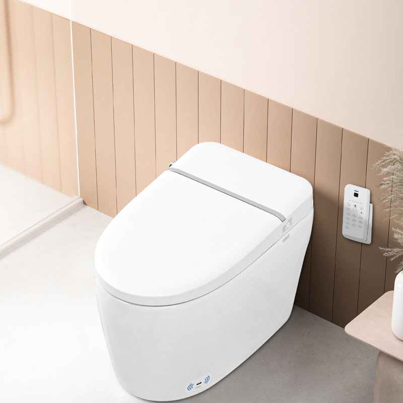 Cuvette de toilette intelligente en céramique avec buse autonettoyante, siège chauffant, nuit, chasse d'eau à bouton, fonction lente silencieuse, fermeture en douceur, contrôle automatique des 3 choix de chaleur, réglages de température occultant, descente, blanc