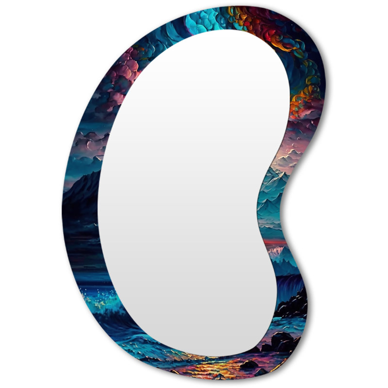Flemmie Mystical Aurora Borealis Arctic Mountains III - Beach Asymmetrical Decorative Mirror, Blue Unique Shape Wall Mirror, Printed Metal Art