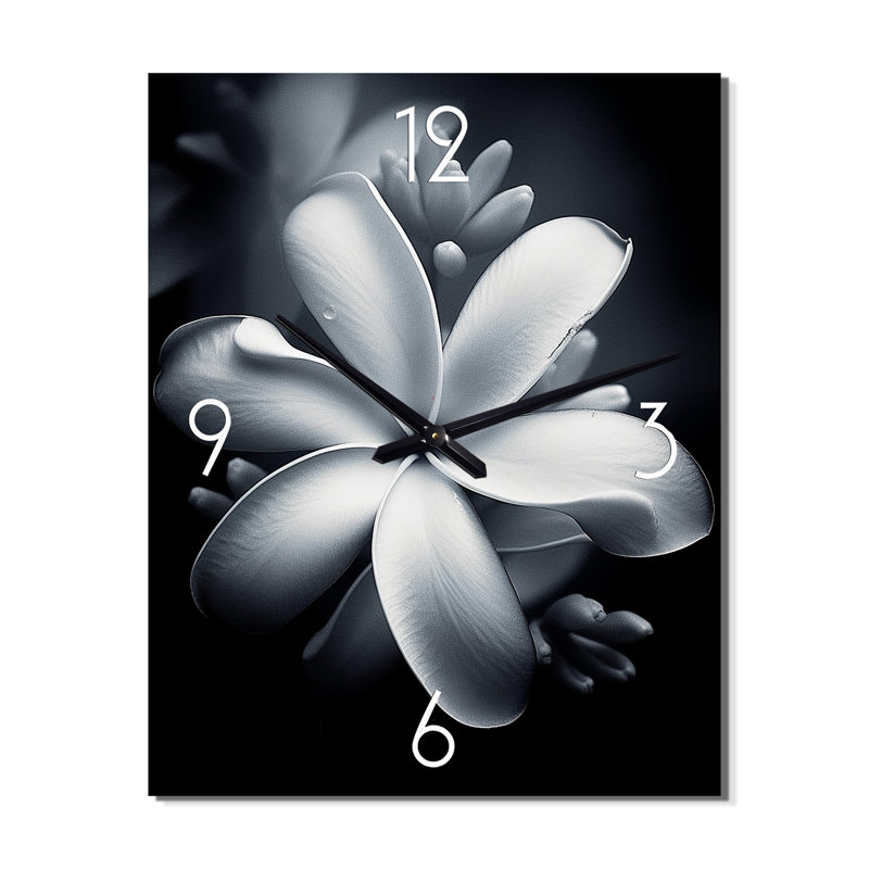 Horloge murale moderne blanc et noir exotique Plumeria Bloom II, Grand