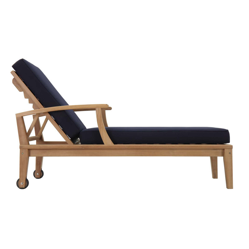 Natural Teak and Navy Outdoor Chaise Lounger with Arms