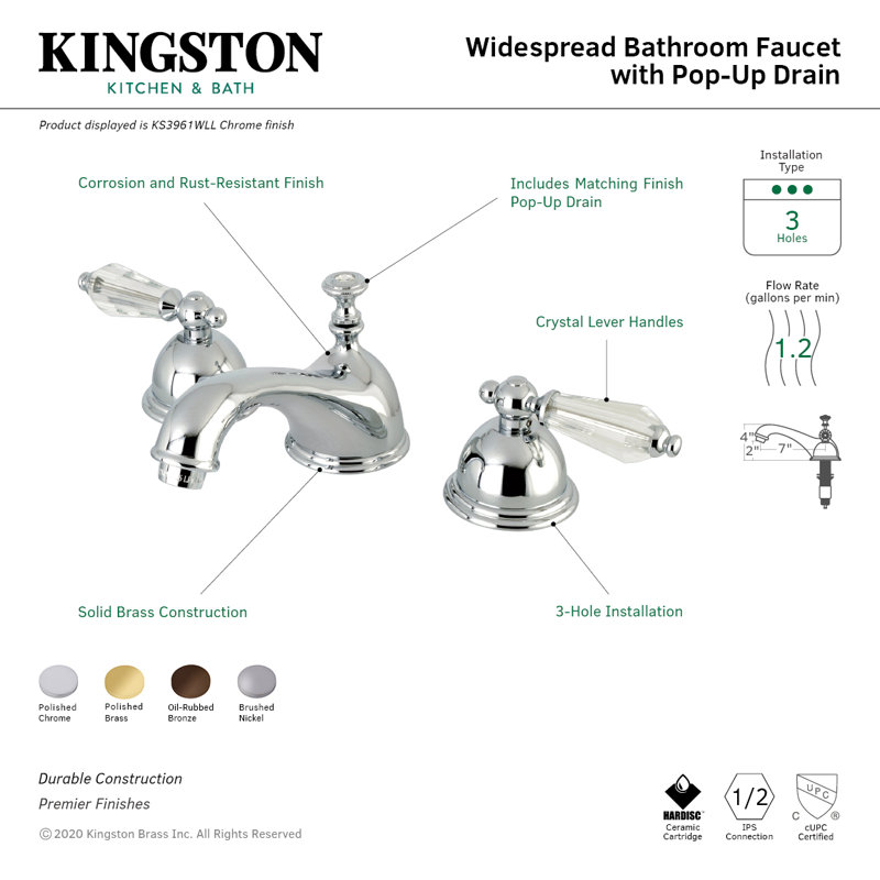 Kingston Brass Wilshire Two-Handle 3-Hole Deck Mount Widespread Bathroom Faucet with Brass Pop-Up Drain, Oil Rubbed Bronze