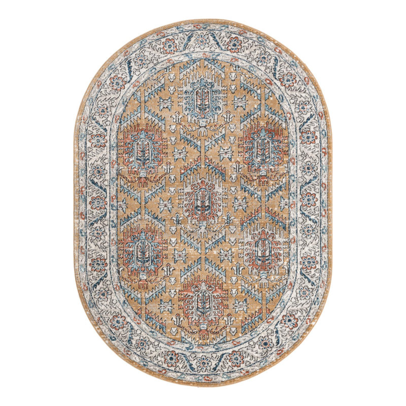 Tapis jaune / ivoire / bleu Weingartner Performance, Ovale 5 pi 3 po x 8 pi