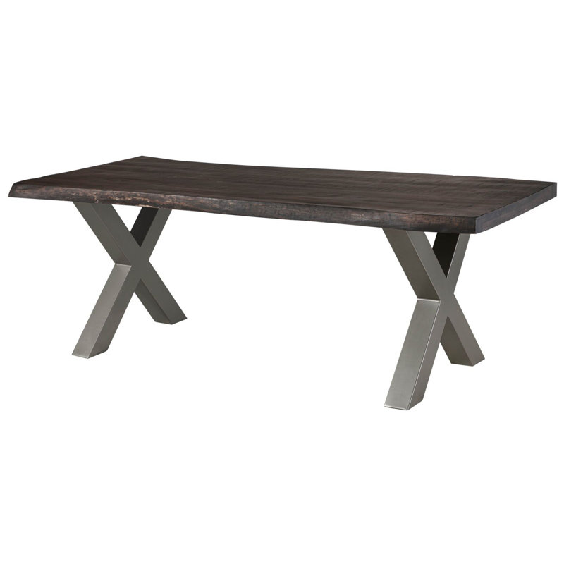 Solid Wood Top Metal Base Dining Table, 77 cm H x 220 cm L x 100 cm D, Silver, Grey