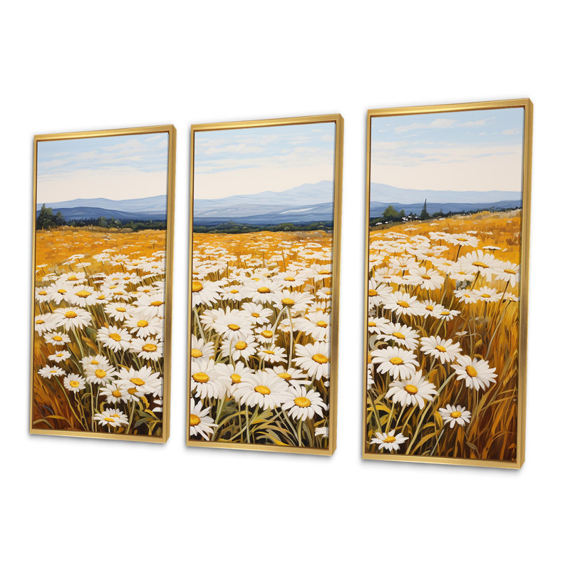 «White Daisy Bloom», ensemble d'art sur toile «Daisy Bloom», Cadre flottant doré, H 28 po x l 36 po x P 1 po