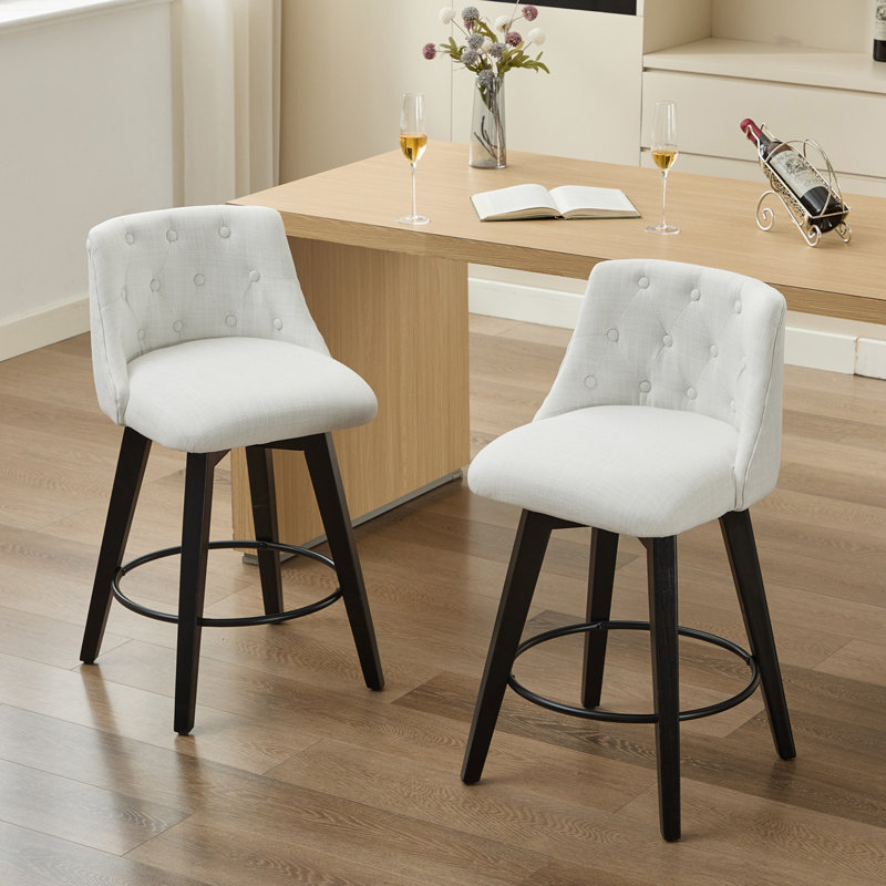 Set of 2 Swivel Linen Upholstered Bar Stools with Tufted Backrest, White