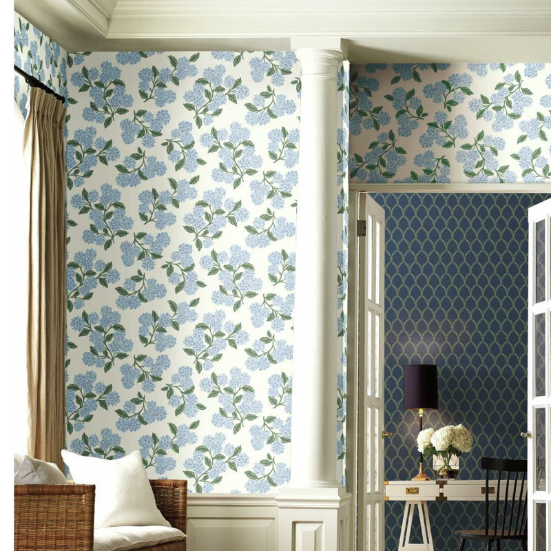 Papier peint 27 'x 27 "Hydrangea, Bleu/blanc