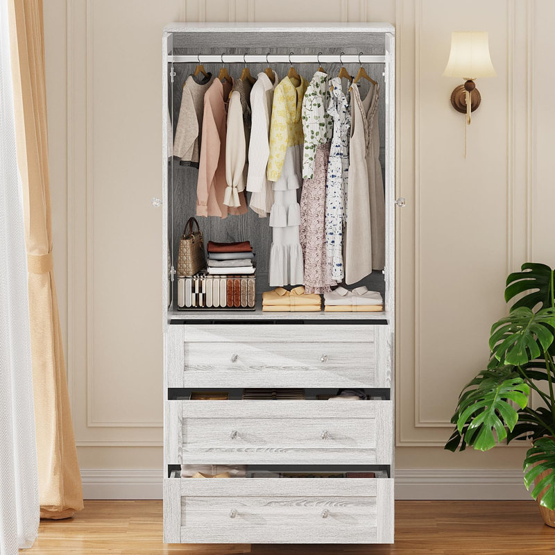 Armoire-penderie avec tiroirs et miroir Armoire, armoire de rangement pour vêtements 71 "avec tringle, Grey Oak