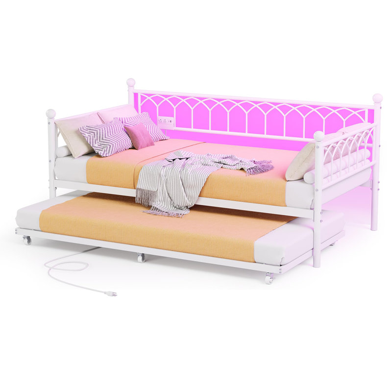 Metal Twin Size Daybed Frame with Trundle with Charging Station and LED Lights for Small Spaces, White