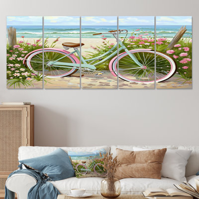 Vélo vert sur le sentier côtier floral I - ensemble de salon d'art mural côtier