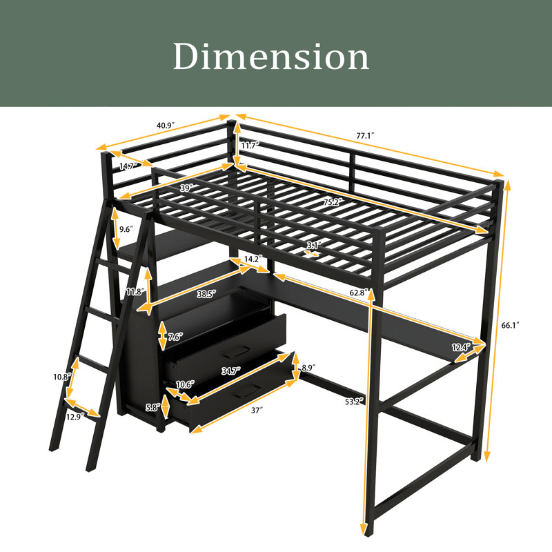 Lit mezzanine simple avec tiroirs Adetola Kids, Noir