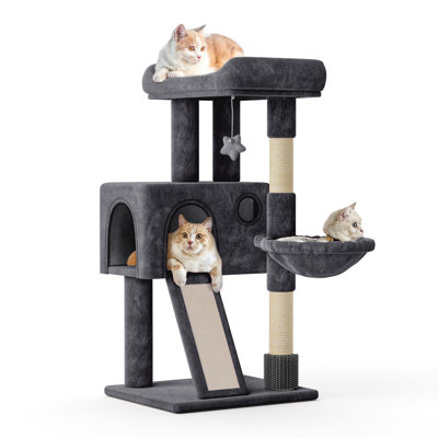 36" H Cat Tree, Kitten Tower Condo Cat House with Sisal Scratching Post, Ramp and Cat Self Groomer