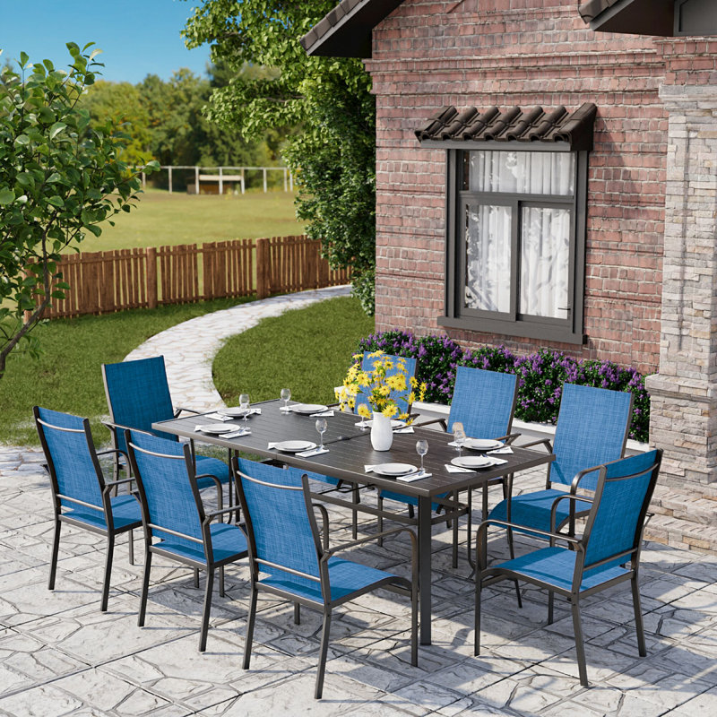 9 Piece Patio Dining Set, Outdoor Dining Table And Chairs Set For 8, 8 PVC-coated polyester Chairs, 1 Iron Rectangular Table With Adjustable Umbrella Hole, Patio Furniture Set For Deck, Backyard, Lawn, Poolside, Brown/gray/blue