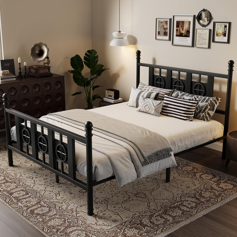 Structure de lit en métal, structure de lit plateforme en fer moderne avec tête et pied de lit, support de lattes en métal robuste sous le lit, sans bruit, aucun sommier requis, assemblage facile