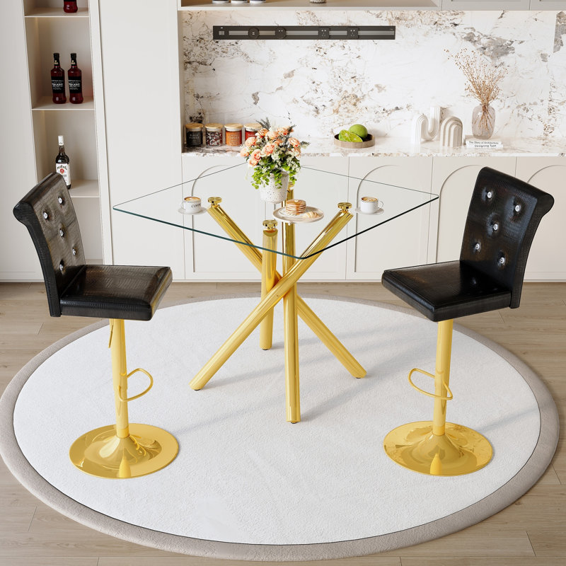 Ensemble de table de pub ronde en verre trempé avec 2 tabourets de bar pivotants réglables, réglables en hauteur et pivotant à 360 °, ensemble de bar de luxe en cuir noir et chrome doré pour cuisine
