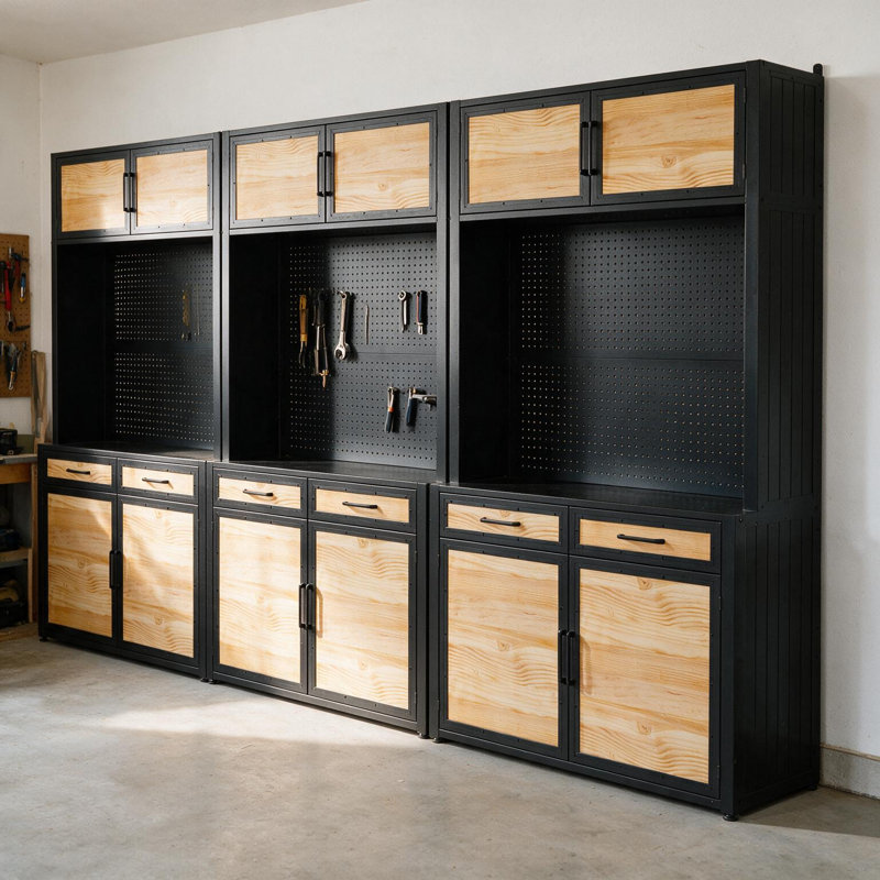 141.6" W Solid Wood Garage Storage Cabinet System with Drawers, Doors and Open Pegboard Storage