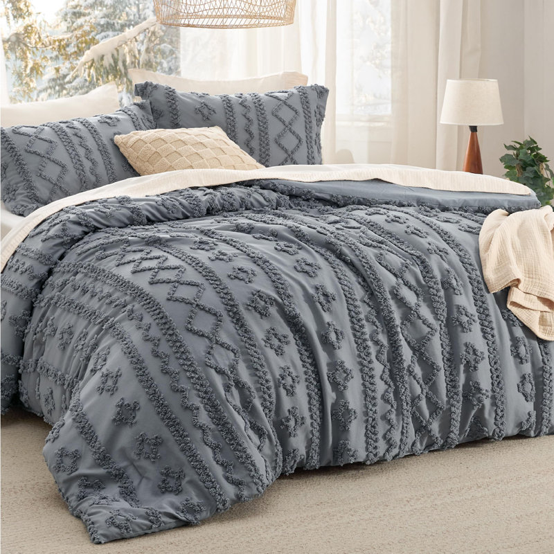 Ensemble d'édredon en microfibre toutes saisons, Édredon pour grand lit + 2 taies décoratives, Gris