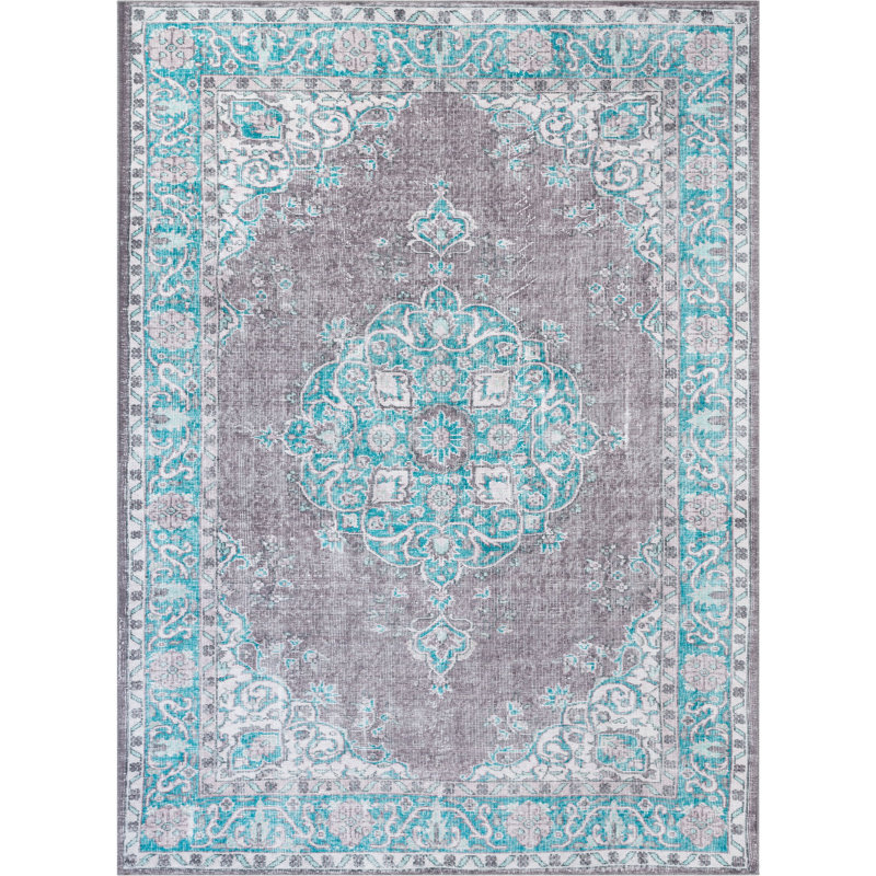 Nile Vintage Flat-Weave Machine Washable Medallion Teal Rug, Rectangle 152 x 214cm