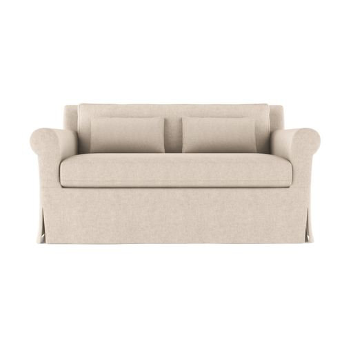 Ludlow Rolled-Arm Skirted Loveseat, Box Weave Linen Alabaster, 34" H x 60" W x 42" D, Weathered