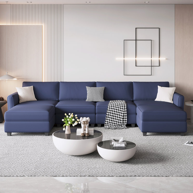 Canapé modulaire rembourré en velours 6 pièces Raunel, Velours bleu