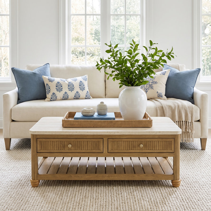 Table basse de rangement COLAMY VERSE 47,2 po avec 2 tiroirs et une tablette ouverte