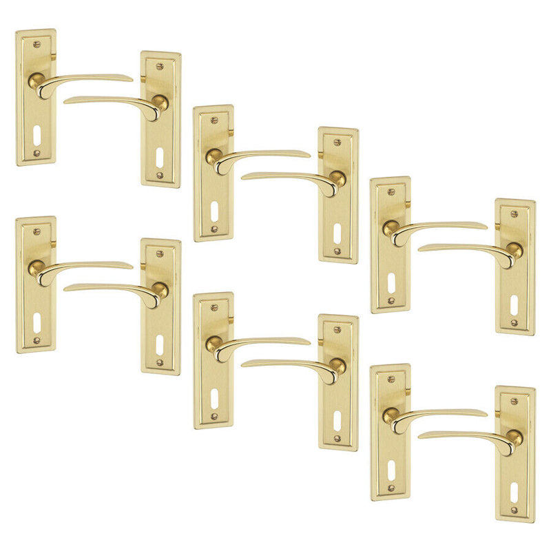 6x Dual Metal Lever Latch Door Handles Set, Polished Brass