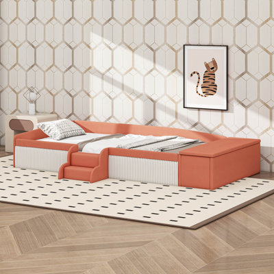 Lit de jour en velours avec repose-pieds relevable et escalier pour chambre d'adolescent, structure de lit plateforme rembourrée avec garde-corps rembourrés