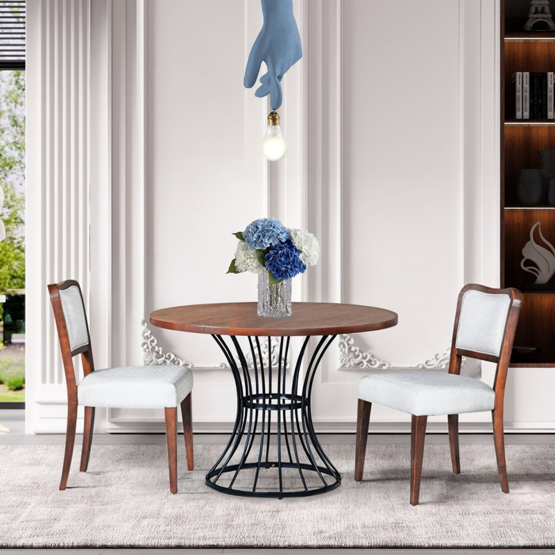 3 meubles de coin cuisine: table ronde en chêne de 42 po avec 2 chaises rembourrées en noyer et base en fer industriel pour chaises de bureau en placage de bois massif d'aspect bois massif, base robuste, espace
