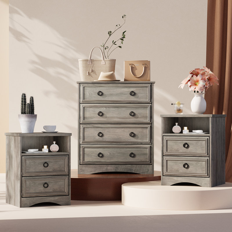 House of Hampton® 3 Piece Bedroom Dresser Set - 4 Drawer Dresser And Two 2 Drawer Nightstands,Grey Wash