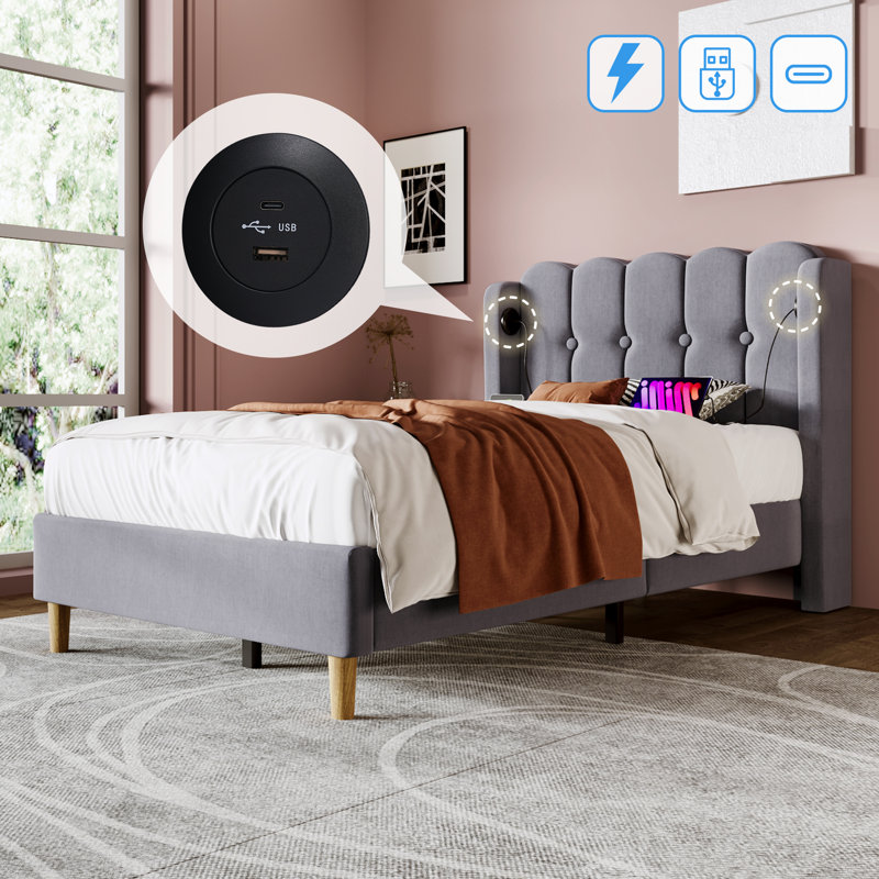Velvet Grille-Panel Bed With Charging Station, Single (3'), Grey