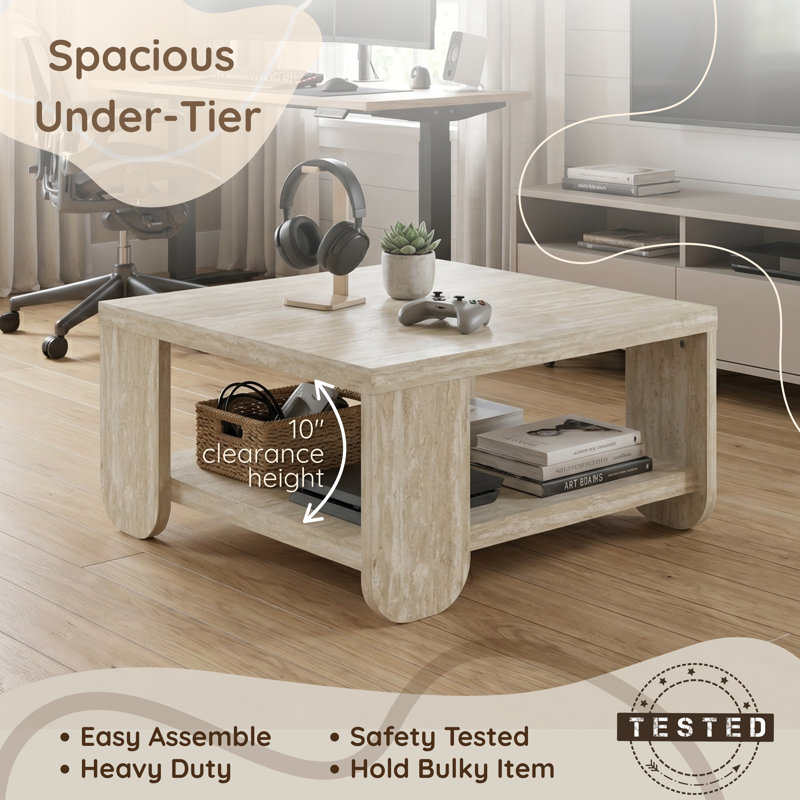 Allyannah 31.1" Modern Contemporary Square Coffee Table with Shelf, Travertine