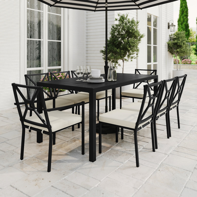 Martha Stewart Lily Pond 9-Piece Steel Patio Dining Set with 8 Stackable Chairs and 72" Table
