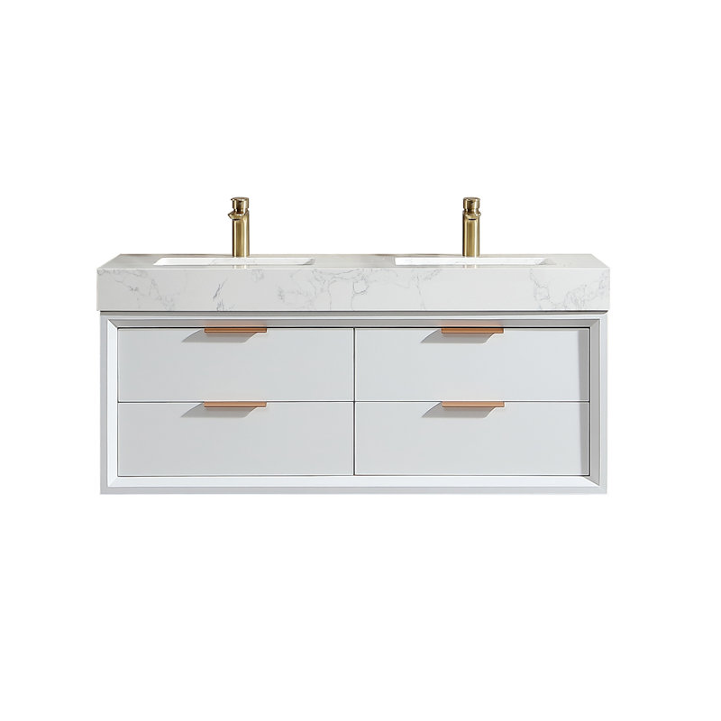 Meuble-lavabo mural en bois flottant avec plateau en résine de pierre blanche, Blanc, 48"