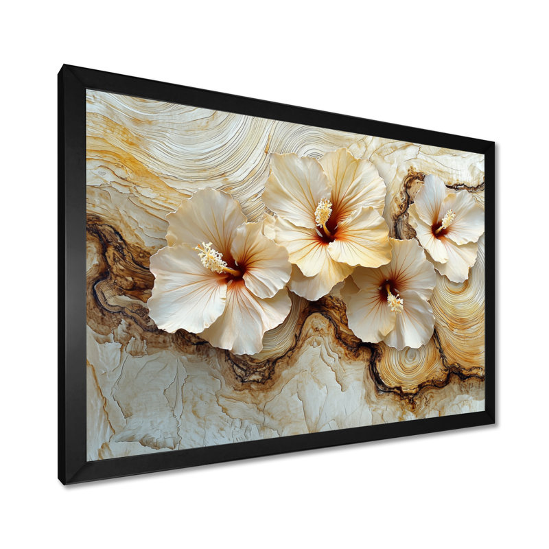 Citronnelle, fleurs d'hibiscus sur fond de marbre crème - art mural hibiscus, Reproduction encadrée d'une seule photo, Noir
