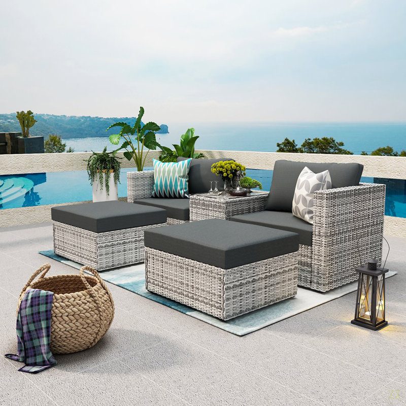 Ensemble de canapé modulaire en osier 5 pièces avec coussin 5 pièces PE, Coussin gris / cadre gris