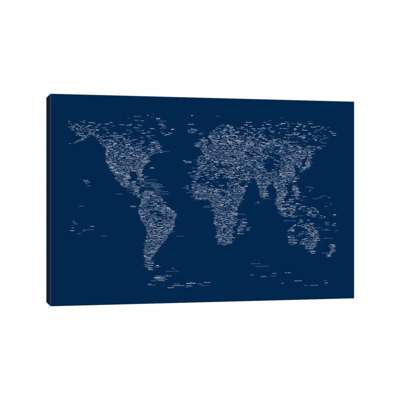 Font World Map (Blue) by Michael Tompsett - Wrapped Canvas Print, 20.32 cm H x 30.48 cm W