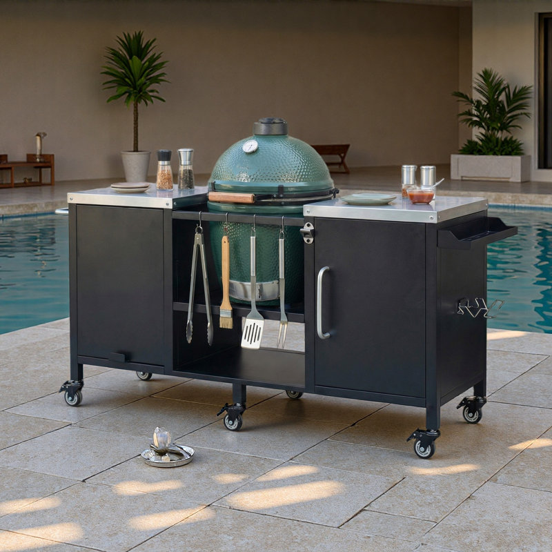 Grande table de barbecue de 72,4 po pour grand gros œuf vert, chariot de barbecue extérieur en métal avec table de préparation escamotable, tablettes réglables, support à épices