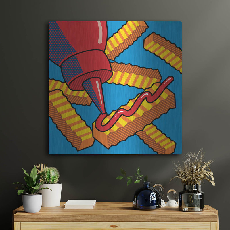 «Fries with Ketchup On Blue» par Ron Magnes, art mural en métal, 24 po x 24 po