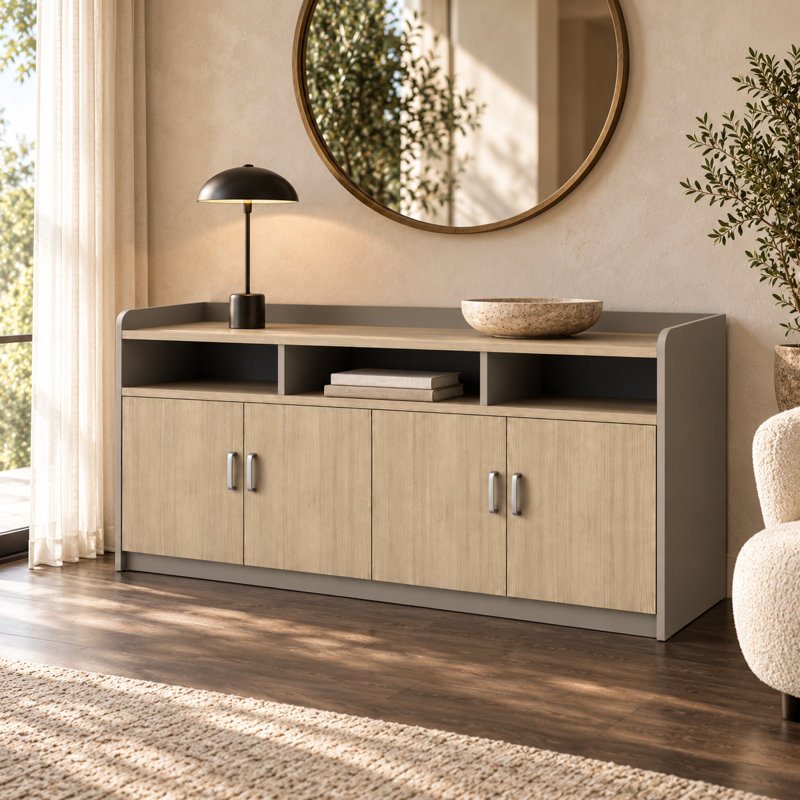 Crédence de rangement de bureau moderne avec cinq portes d'armoire, casiers ouverts et plateau de présentation