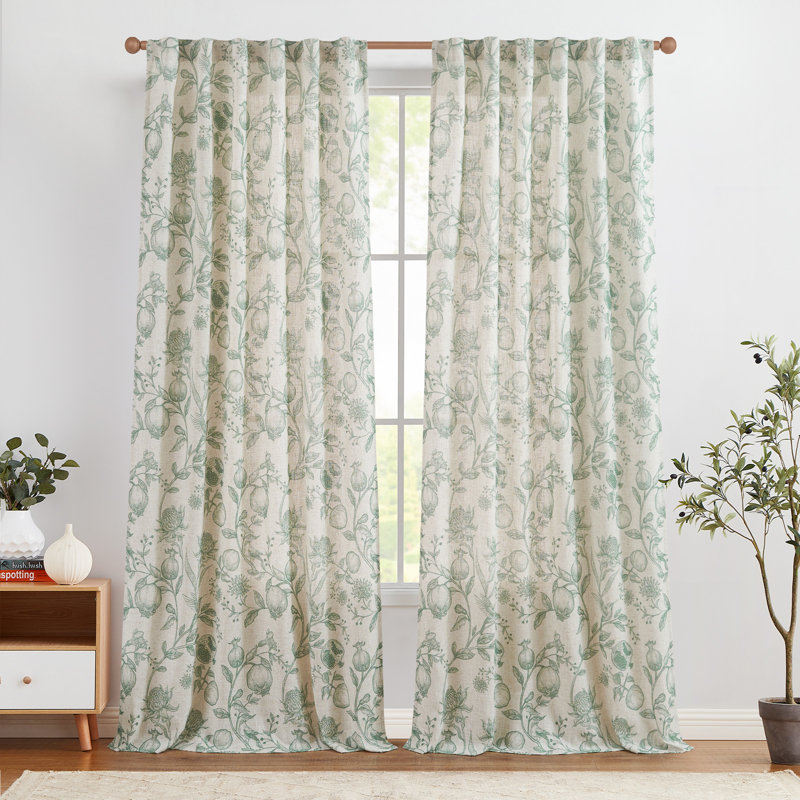Nathnael Linen Blend Toile Semi-Sheer Curtain Panel Pair, Green, 50" W x 96" L