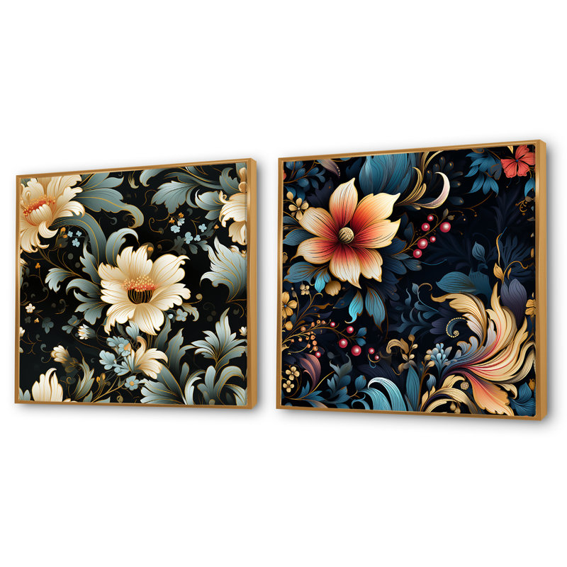 Vanhook - Ensemble de 2 collages floraux et botaniques carrés, Cadre flottant doré, H 16 po x l 33 po