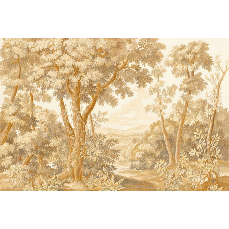Papier peint sépia style paysage boisé amovible, 140"x108", Peler et coller